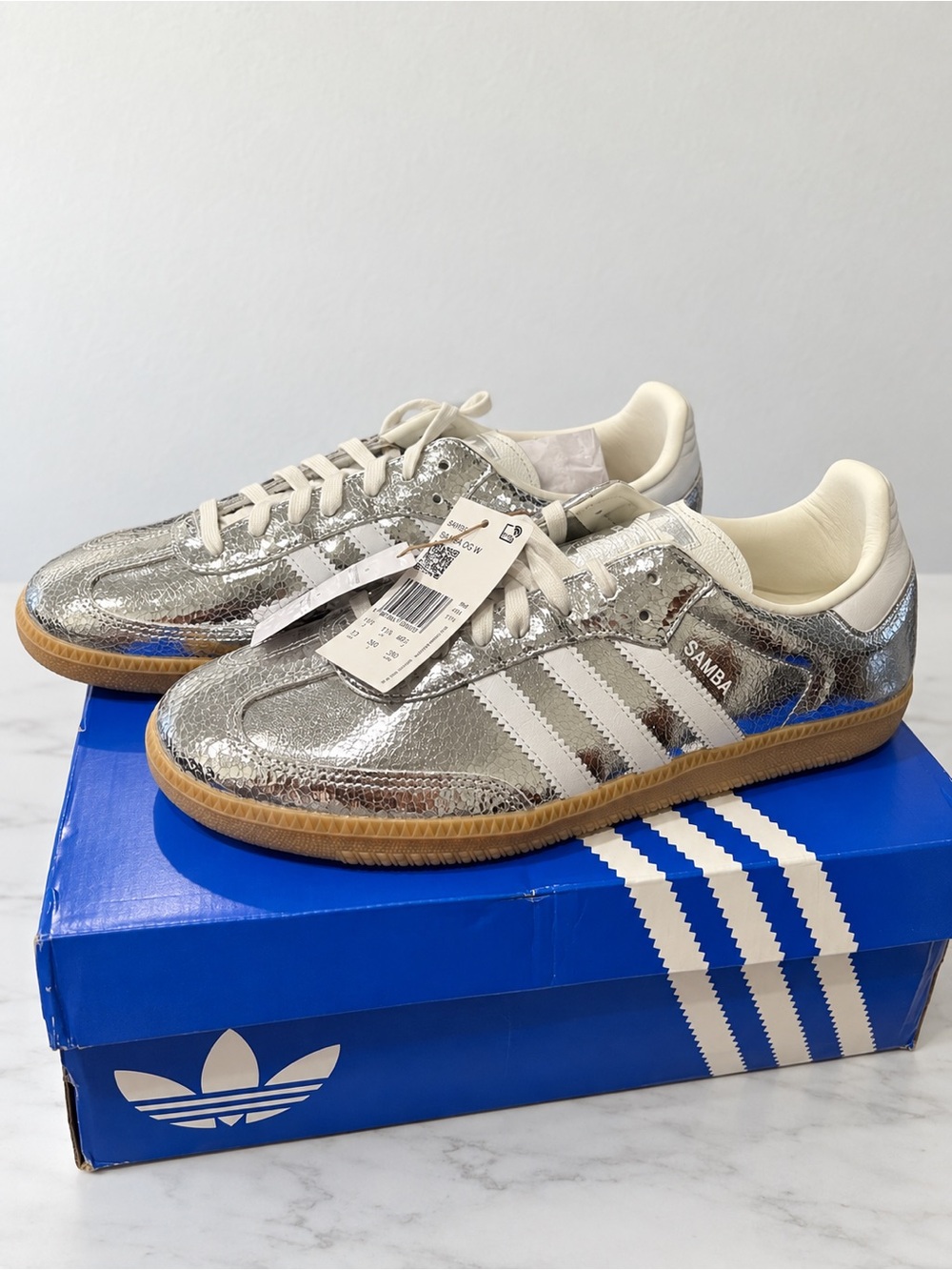 adidas Samba Metallic Silver Leather Sneakers with White Stripes
